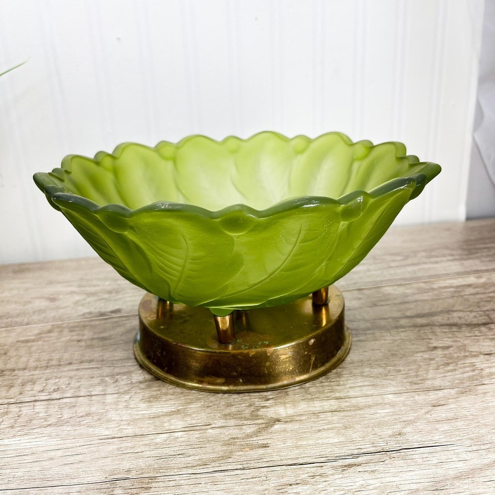 Vintage Frosted Green Glass Centerpiece Bowl: Midcentury Modern Serving Platter